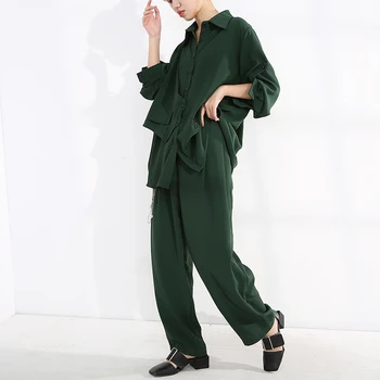 [EAM] Plaša Kāju Bikses Big SizeTwo Gabals Uzvalks Jaunu Atloks ar garām Piedurknēm Armijas Green Loose Fit Sieviešu Modes Pavasara Rudens ir 2021. 1Z60506