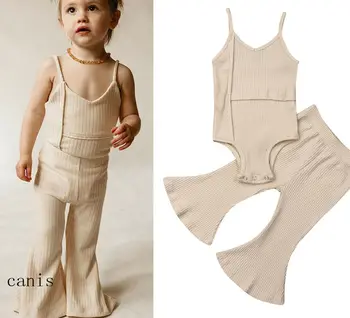 Emmababy Kid Baby Girl Apģērbu Linga Tīru Krāsu topiņi Romper Plaša Kāju Bikses Apģērbs, Apģērbu Komplekts 2gab