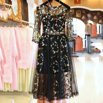 ETOSELL Boho Vintage Ziedu Izšuvumu Mežģīņu Acu Kleitas Modes Skrejceļa Kleita Gadījuma Redzēt Cauri Vestidos