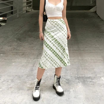 Harajuku E-Meitene 90S Modes Midi Svārki Zaļā krāsā Iespiests Y2K Vintage Augstas Gaida, Svārki Rudenī Sieviešu Streetwear Indie Apģērbs