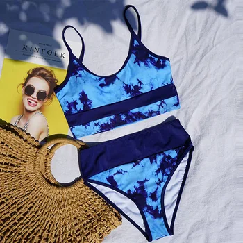 INGAGA Push Up Bikini noteikts Augsts Viduklis Sieviešu Peldkostīms Zilā Slīpumu, Peldkostīmi Sievietēm Ir 2021. Raibs Bikini Komplekts Siksna peldkostīmu