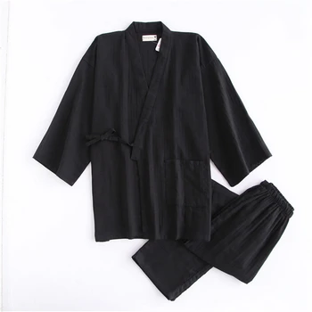 Japāņu Tradicionālo Cilvēks Kimono Yukata Kokvilnas Pidžamas Komplekts Cieto Vīriešu Naktskrekls Vaļēju Jaku Mīļākais Iekštelpu Homewear Peldmētelis