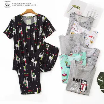 Jaunas Plus Lieluma Pidžamu Sieviešu Vasaras Īsām Piedurknēm Teļš-Garuma Bikses Pijama Mujer V-veida Kakla Drukāšanas Loungewear Pidžamas Sleepwear