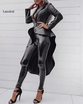 Lanxirui Rudens Asimetrisks Ādas Outwears Black Bezmaksas Sexy Club Modes Pilnu Piedurknēm Augsts Viduklis Slaids Sievietes X-Ilgi Outwears