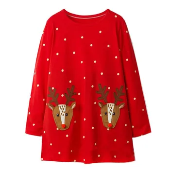 Lekt metru Bērniem, meiteņu kleitas aplikācijas briežu bērniem kleita ar garām piedurknēm polka dot sarkano kleitu dāvana Ziemassvētku kleita meitene