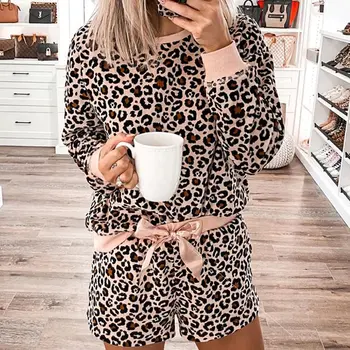 Leopards drukāt sleepwear sieviešu pavasara vasaras garām piedurknēm, sieviešu pidžamas komplekts modes iekštelpu zaudēt divus gabalus loungewear naktsveļu