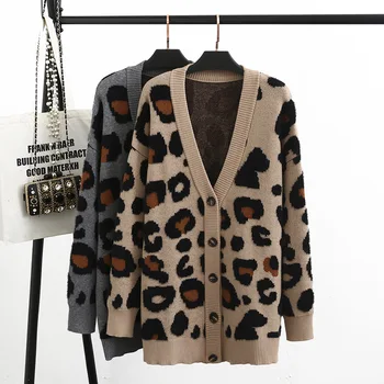 Modes Ilgi Jakas Sieviešu 2020 Rudens Ziemas Brīvs Džemperis Leopard Trikotāžas Jaciņa ar V veida Kakla Biezas Sieviešu Apģērbs