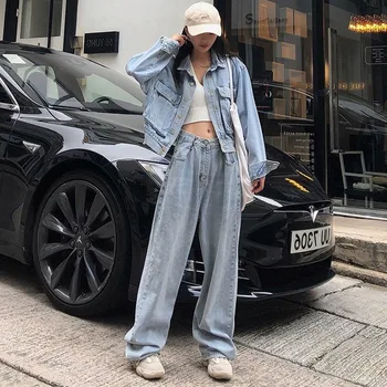 Modes Zaudēt Sieviešu Džinsi Harajuku Stils, Augsta Vidukļa Džinsus Korejiešu Stila Plaša Kāju Taisni Džinsi Sievietēm