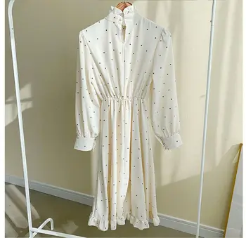Sannian Sievietes Kleitu Elegants Rudens Maigs Wavelet Dot Stand Apkakli, Augstu Vidukli, Koka Auss Izšūšanas Kleitas, Sieviešu Apģērbi