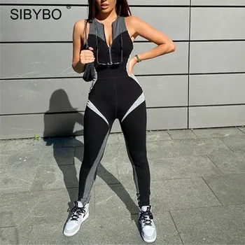 Sibybo Raibs Rāvējslēdzēju Sportisks Sieviešu Jumpsuit Bez Piedurknēm, V Veida Kakla Kombinezonus Jumpsuits Gadījuma Fitnesa Activewear Playsuit (Dungriņi)