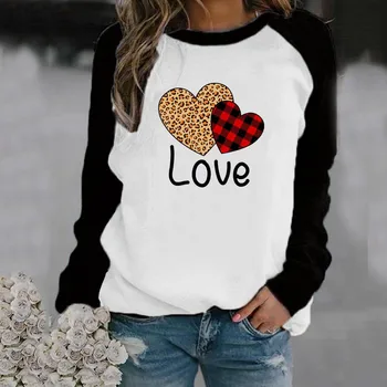 Sieviešu Valentīna Diena Sirds Iespiests ar garām Piedurknēm Topi Blūze Dāmas Gadījuma O-veida Kakla Regulāru Lielgabarīta Krekls T-Krekls Bluzki Damskie