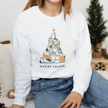Sporta krekls PRIECĪGUS CATMAS KRĀSAINS Grafikas Iespiestas Cute Kaķu Mīļotājiem Ziemassvētku Džemperis, Džemperi Smieklīgi Kokvilnas, ar garām Piedurknēm Apģērbs
