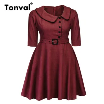 Tonval Plus Lieluma Vintage Apģērbu Pleds Gadījuma Sievietes Biroja Dāma Pogu Priekšpusē Kleita 2019 Elegants Siksnas Retro Kleitas