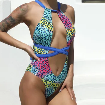 Viens gabals sexy bodysuit ienirt multicolor leopard Monokini dziļi izgriezt peldkostīmi sieviešu pārsējs pavada peldētāju vasaras beachwear