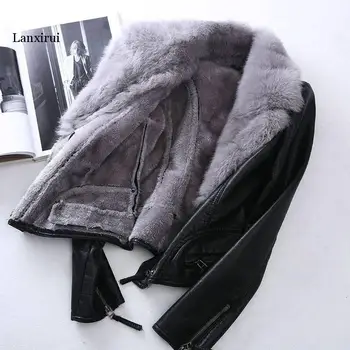 Viltus aitu PU ādas jaka lielas kažokādas apkakle melnā krāsā jauno modes augstas kvalitātes mākslīgo aitādas wintershort mēteļi outwear