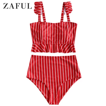 ZAFUL Bikini Svītrainām Ruffles daudzstāvu Tankini Uzstādīt Sweet Meitenes Peldēties Uzvalku Augstas Starām. Spageti Siksnas peldkostīms, Peldbikses 2020