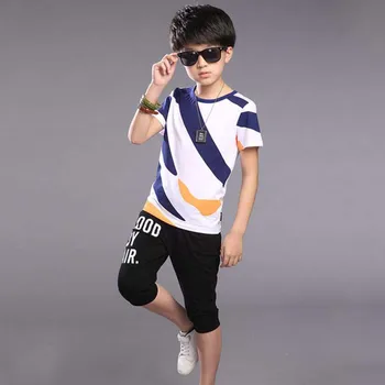 Zēnu drēbes 3-15T bērniem vasaras tērps zēns bērnu kokvilnas T krekls+bikses 2gab bērnu drēbes zēniem sporta apģērbu pusaudžu aktīvās kopas