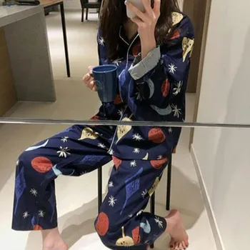 Šiks Korejas Pidžamas Komplekts Mujer Gudrs Star Modelis Drukāt Loungewear Salds Ērti, Mīksti Naktsveļu Garām Piedurknēm+Bikses Uzvalki S978