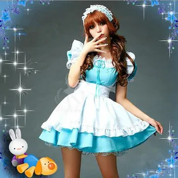 2017 Anime Alice In Wonderland Cosplay Kostīmi Zilā Krāsā Ar Īsām Piedurknēm Gothic Lolita Kleita Ziemassvētku Pasaku Kleita Istabene Kostīms