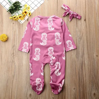 Baby Romper Jaundzimušais Meitene Drēbes Sirēna Drukāt Savirmot garām Piedurknēm Romper Jumpsuit+Galvas 2gab Tērpiem