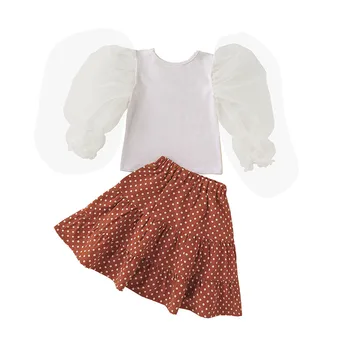 Bērniem, Baby Meitenes Modes 2-gabals rudens Apģērbs Uzstādīt apaļu kakla Acs Burbulis Piedurknēm Augšu un Polka Dot Svārki Komplekts