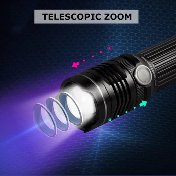 Daudzfunkcionāls LED Zibspuldzi, 4 Krāsas Lāpu USB Lādējamu UV Gaismas Ūdensizturīgs Zoomable Lampas Spēcīgs 18650/26650 Laternas