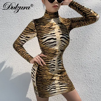 Dulzura tiger dzīvnieku print mini kleita ar garām piedurknēm cimdi bodycon sexy augstu uzrullētu apkakli streetwear drēbes 2019 rudens ziemas clubwear