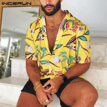 INCERUN ir 2021. Vīriešiem Ziedu Drukāt Havaju Pludmales Krekls ar Īsām Piedurknēm Atloks Ikdienas Blūze Vasaras Brīvdienas Streetwear Krekli Hombre 3XL