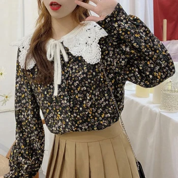Japāņu Cute Lelle Apkakles Blūze Ziemas Garām Piedurknēm Sievietēm Dizainers Ziedu Topi Gadījuma Office Korejiešu Apģērbu Dāmas 2021. Gada Pavasarī