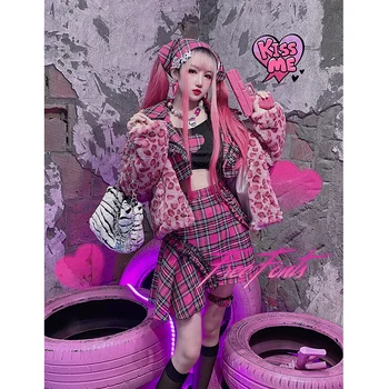 Karstā Meitenes Kopumu Japāņu Gothic Harajuku Rock Cake Svārki Rozā Ocelot Modes Salda Meitene Punk Augsta Vidukļa Mini Kawaii Īsi Svārki