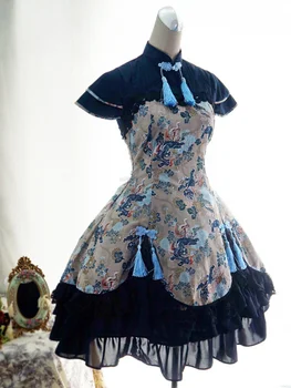 Klasiskās Pusi Piedurknēm Līmeņu Melnās Cji Stilu Ziedu Drukāts Vienā Gabalā Lolita Kleita ar Pušķi