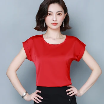 Korejas Smagā Zīda Blūzes Sieviešu Cietā Satīna Blūze Topi Vasaras Sieviete Īsām Piedurknēm Blūze Top Plus Lieluma Blusas Mujer De Moda 2020