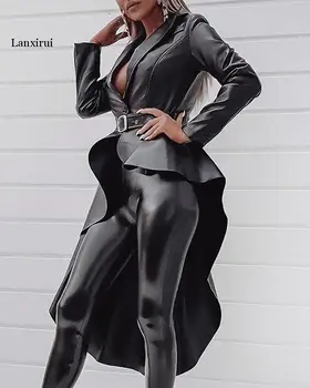 Lanxirui Rudens Asimetrisks Ādas Outwears Black Bezmaksas Sexy Club Modes Pilnu Piedurknēm Augsts Viduklis Slaids Sievietes X-Ilgi Outwears