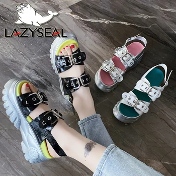 LazySeal 7..5cm Ķīlis Papēža Sieviešu Sandales Metāla Sprādzes Platformas Vasaras Modes Pludmales Sandales Bieza Vienīgā Sieviete Apavi