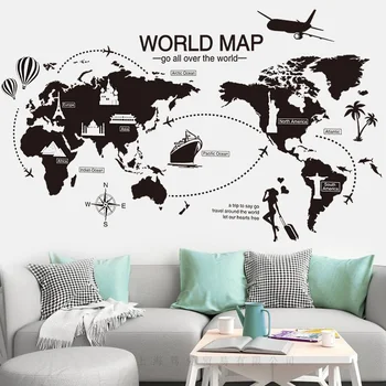 Melns Pasaules Kartes, Sienas Uzlīmes, Vinila DIY Pasaules Ceļojumu orientierus, sienas uzlīmes Dzīvojamā istaba Guļamistaba studiju sienu apdare uzlīme