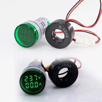 Mini Digitālais Voltmetrs Ammeter 22mm Kārta AC 50-500V 0-100A Amp Voltu Sprieguma Testeris Metru Dual LED Indikators Izmēģinājuma Lampas Gaismas