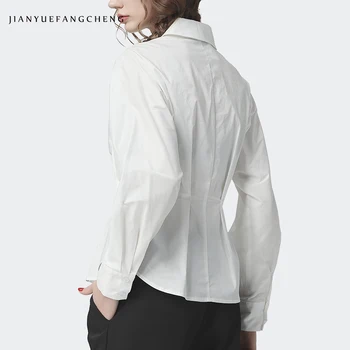 Modes Kokvilnas Balts Sieviešu Krekls Jaunu 2020. Gadam Pavasara garām Piedurknēm Kroku Vienu-krūšu Augšu Elegants Birojs Dāmas Darba Valkāt Krekli