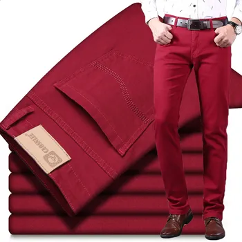 Pavasara un vasaras vīriešu vīna red jeans modes gadījuma boutique business casual straight stiept džinsa bikses vīriešu zīmolu bikses