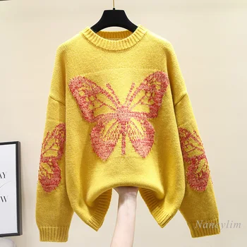 Rozā augstu uzrullētu apkakli Džemperis Sievietēm 2020. Gada Rudenī un Ziemā, Jaunu korejiešu Stilā, Modes Tauriņš Vaļīgu Pull Femme Trikotāža