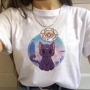 Sailor Moon T Krekls Sievietēm Harajuku Īsām Piedurknēm Estētisko kaķis Anime Sieviešu Gudrs Sieviešu T-krekls Kawaii Top Tees
