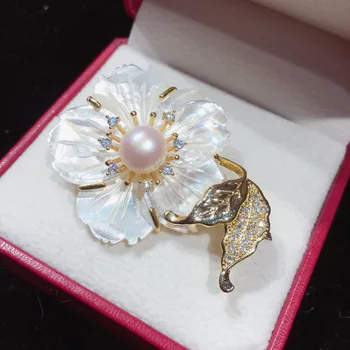 SHDIYAYUN 2019 Pērļu Broša Sievietēm Dabas Seashell Ziedu Piespraudes Piespraudes Dabīgo Saldūdens Pērli Smalkas Rotaslietas