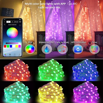 Smart Holiday LED String Apgaismojums Ūdensnecaurlaidīgs Sudraba Stieples Pasaku RGB Krāsains Bluetooth APP kontroles Ziemassvētku Eglīte Apdares Gaismas