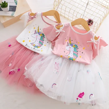 Unicorn Kleitu Vasaras Kleitas Meitenēm Komplekti 2019 Cute Princese Unicornio T - Krekls + Marle Kleita 2PCS Set Bērnu Apģērbu 8Y 3