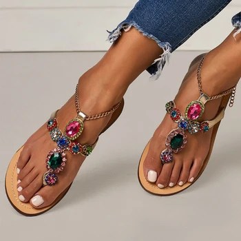 Vasarā Sievietēm Luksusa Sandales Platformas Plakana Papēža Krāsains Kristāla Potītes Siksniņu, Modes Gadījuma Beach Dāmas Kurpes Zapatos Mujer De