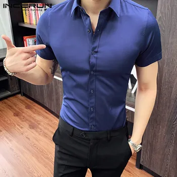 Vīriešu Biznesa Sociālo Krekls ar Īsām Piedurknēm Atloks Ir 2021. tīrtoņa Krāsu Camisa Modes Mens Kleita Krekli Zīmola Streetwear S-5XL INCERUN