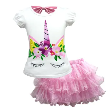 2019. gada Vasaras Meiteņu Apģērbu Komplekti Bērniem Karikatūra Unicorn T krekls Un Svārki Uzvalks Bērnu Princese Gudrs Tshirts Acs Tutu Svārki Komplekts