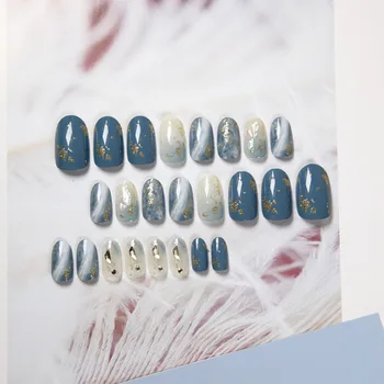 24Pcs/liekami Zils pelēks ar Rhinestone Vidēja Garuma nospiediet uz Nagiem Sieviešu Apģērba Pilnībā Segtu Pirkstu viltus nagiem ar akrila līmi