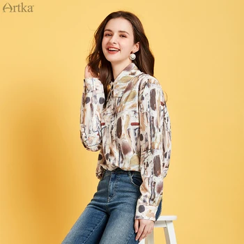 ARTKA 2020. gada Pavasarī Jaunā Sieviešu Blūze Modes Vintage Print Šifona Kreklu Savukārt Apkakle ar garām Piedurknēm Šifona Blūze SA20900C