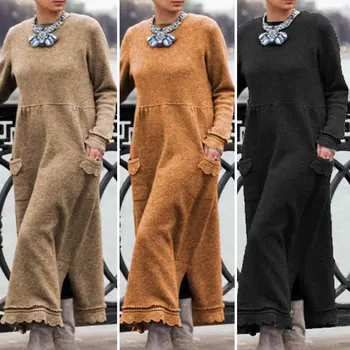 Cietā Garām Piedurknēm Sadalīt Hem Rudens Ziemas Maxi Zaudēt Gadījuma Sieviešu Trikotāžas Kleita Ielu Modes Silts Vintage Apkalpes Kakla Džemperis