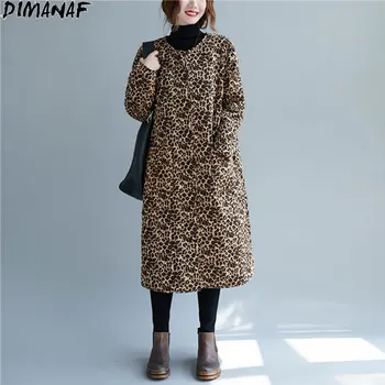 DIMANAF Mēteļi Plus Lieluma Sievietēm Wadded Jaka Leopard Parka Ilgi Kokvilnas polsterējumu Vintage Stila Sieviešu Virsdrēbes Gadījuma Zaudēt Jaka
